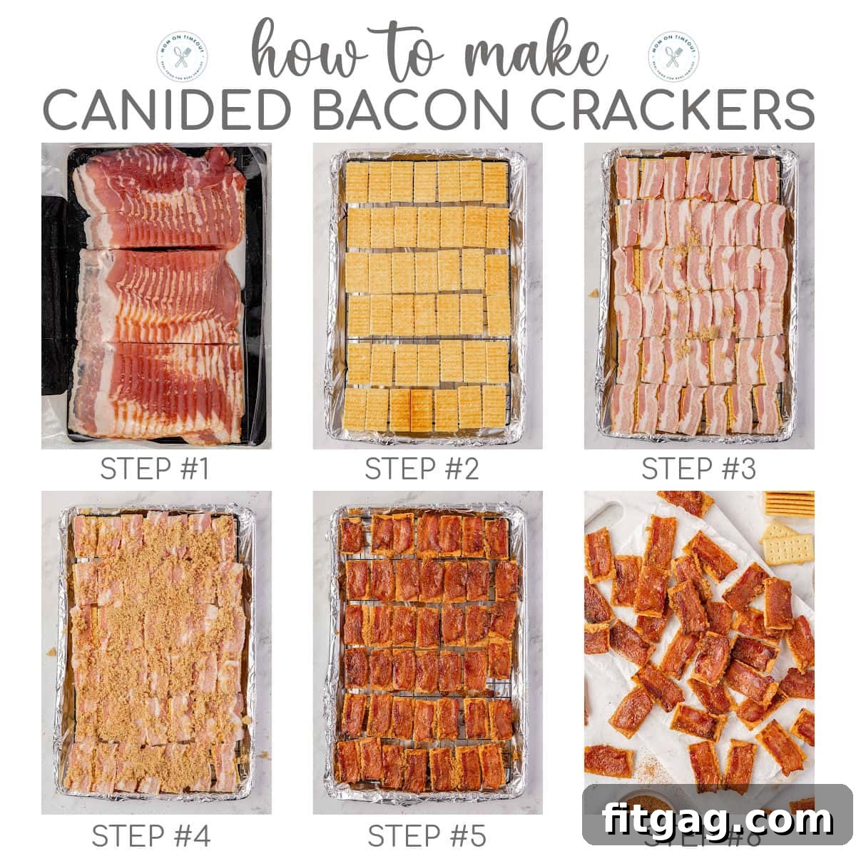 A six-image graphic illustrating the step-by-step process of making bacon crackers, from ingredient preparation to baking.