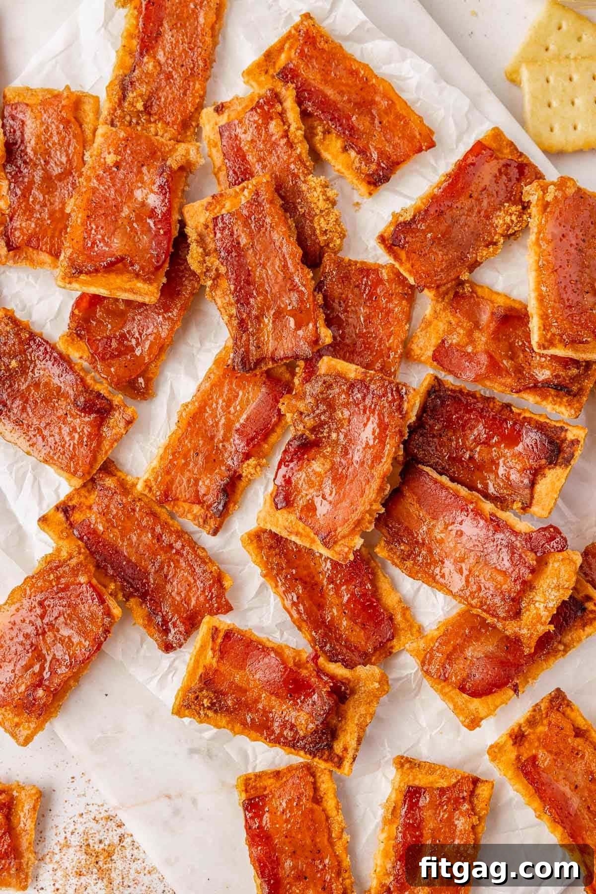 Overhead shot of freshly baked bacon brown sugar crackers arranged on white parchment paper, glistening and ready to serve.