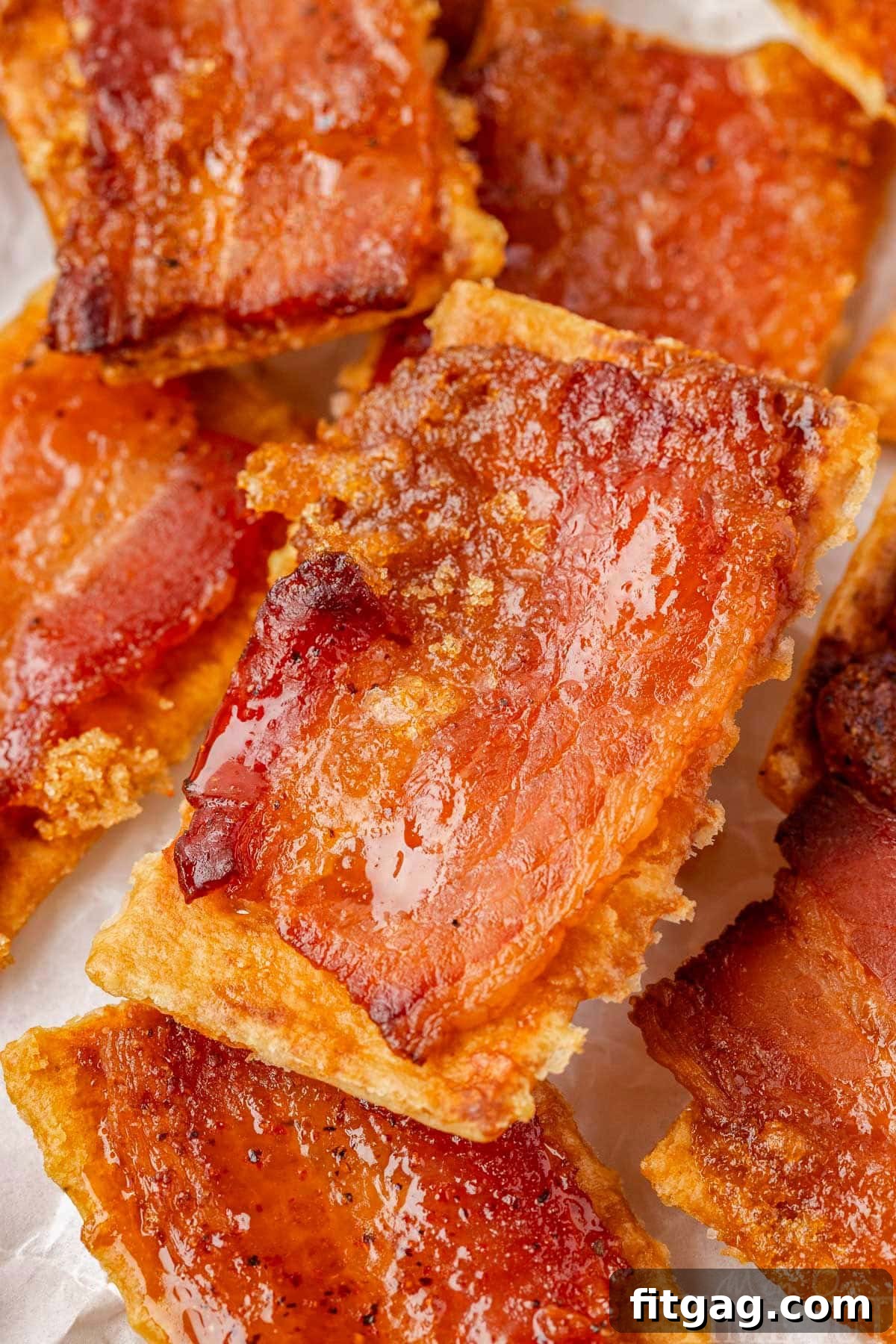 Close-up shot of a delicious pile of candied bacon crackers, showcasing their texture and glaze.