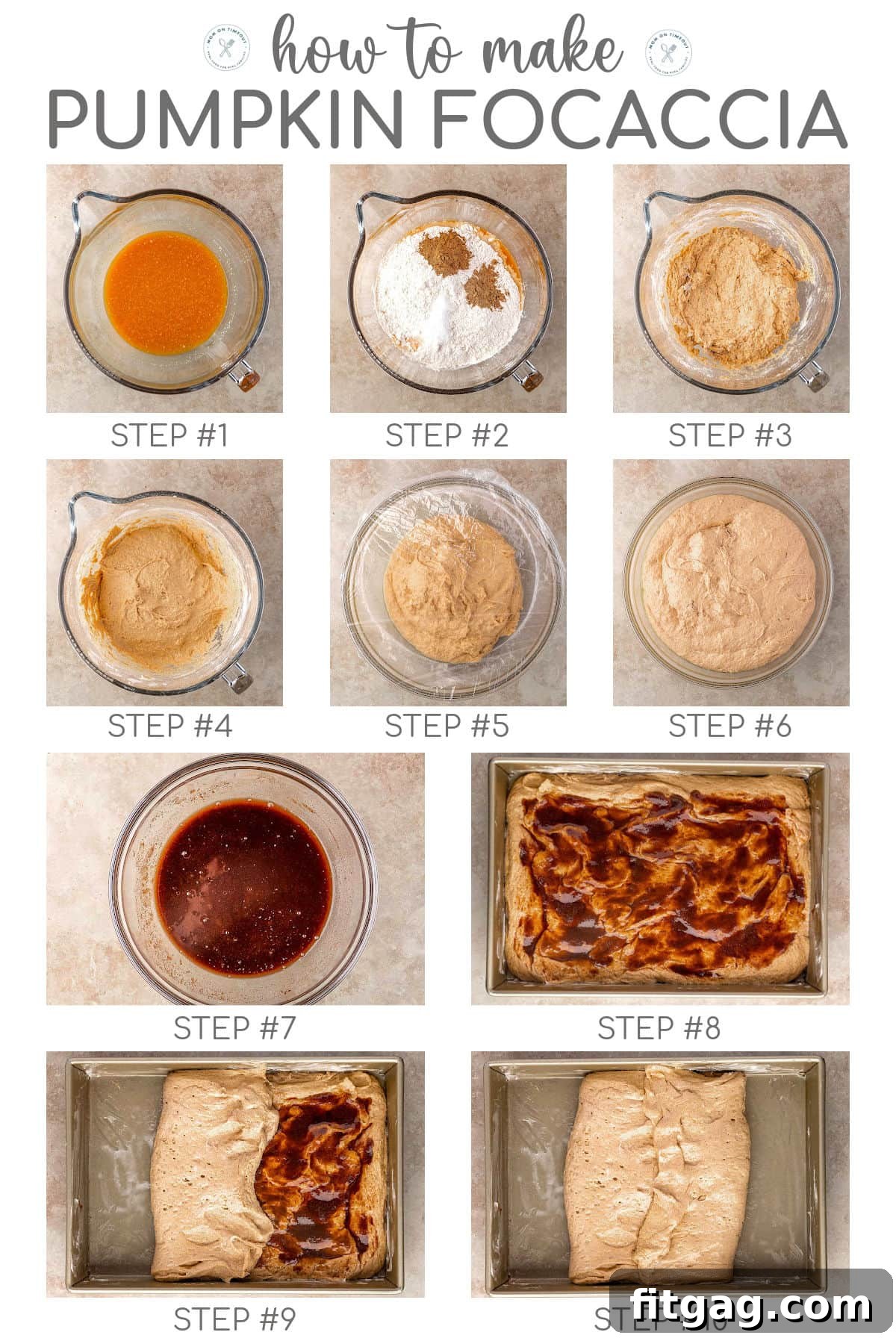 Ten image graphic showing how to make pumpkin focaccia step by step. Text overlay at top of image. 
