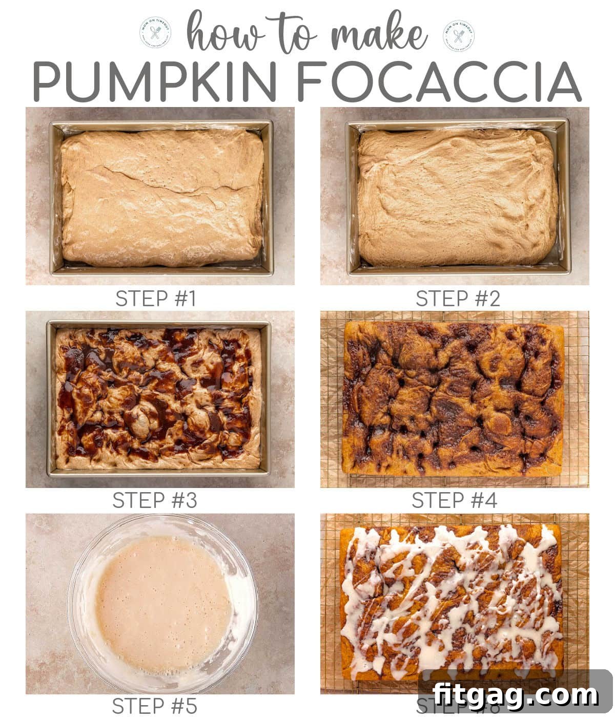 Six image graphic showing how to assemble cinnamon roll pumpkin focaccia step by step. Text overlay at top of image. 