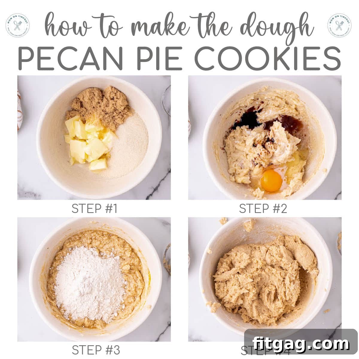 Four image graphic showing how to make pecan pie cookie dough step by step. Title overlay at top of image.