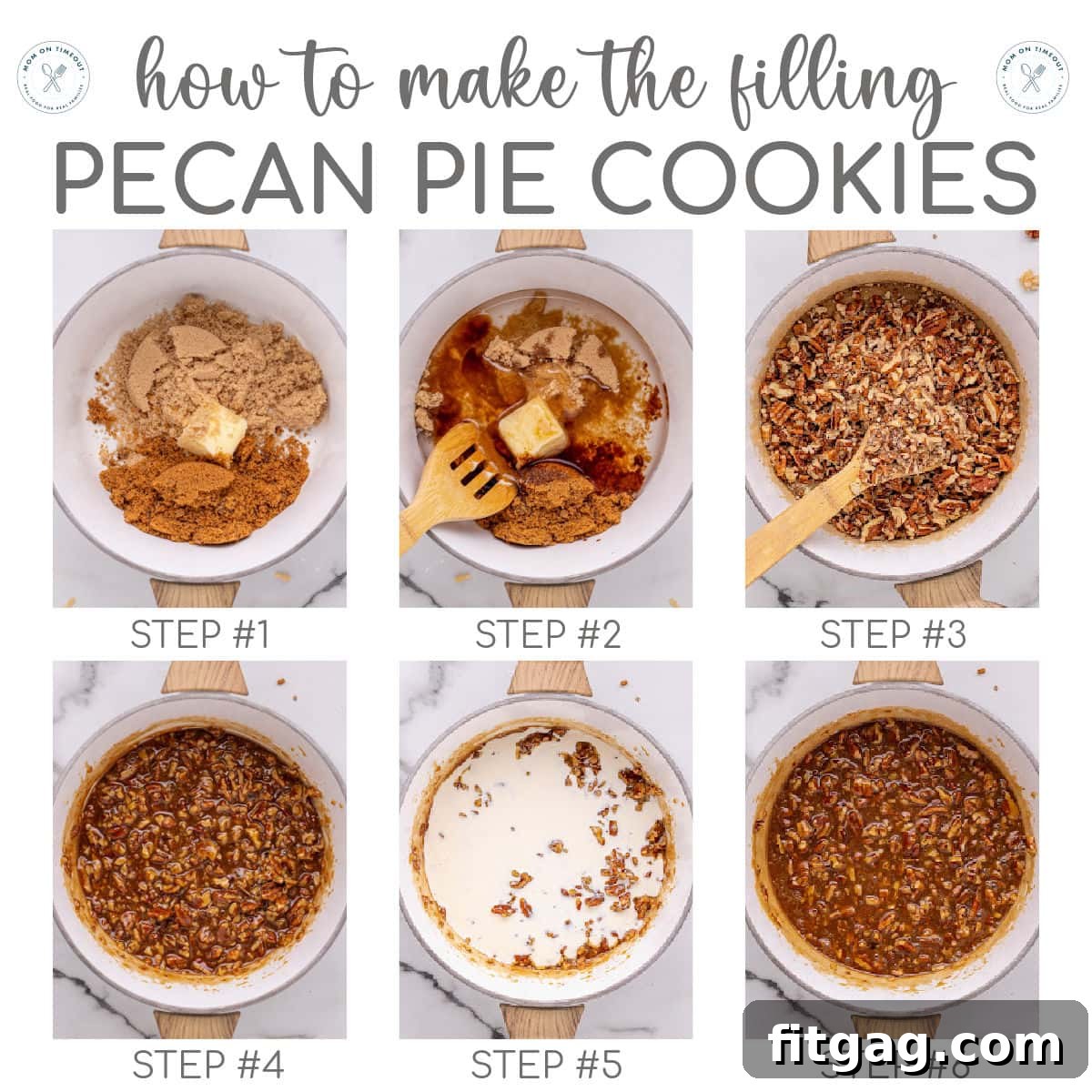 Six image graphic showing how to make the filling for pecan pie cookies. Title overlay at the top of the image.