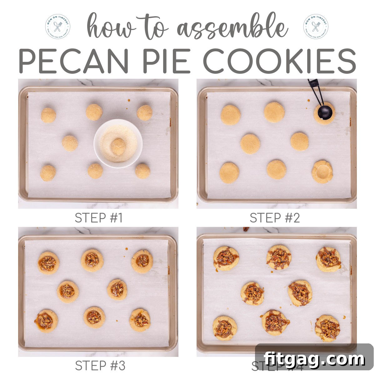 Four image graphic showing how to assemble and bake pecan pie cookies step by step. Title overlay at top of image. 