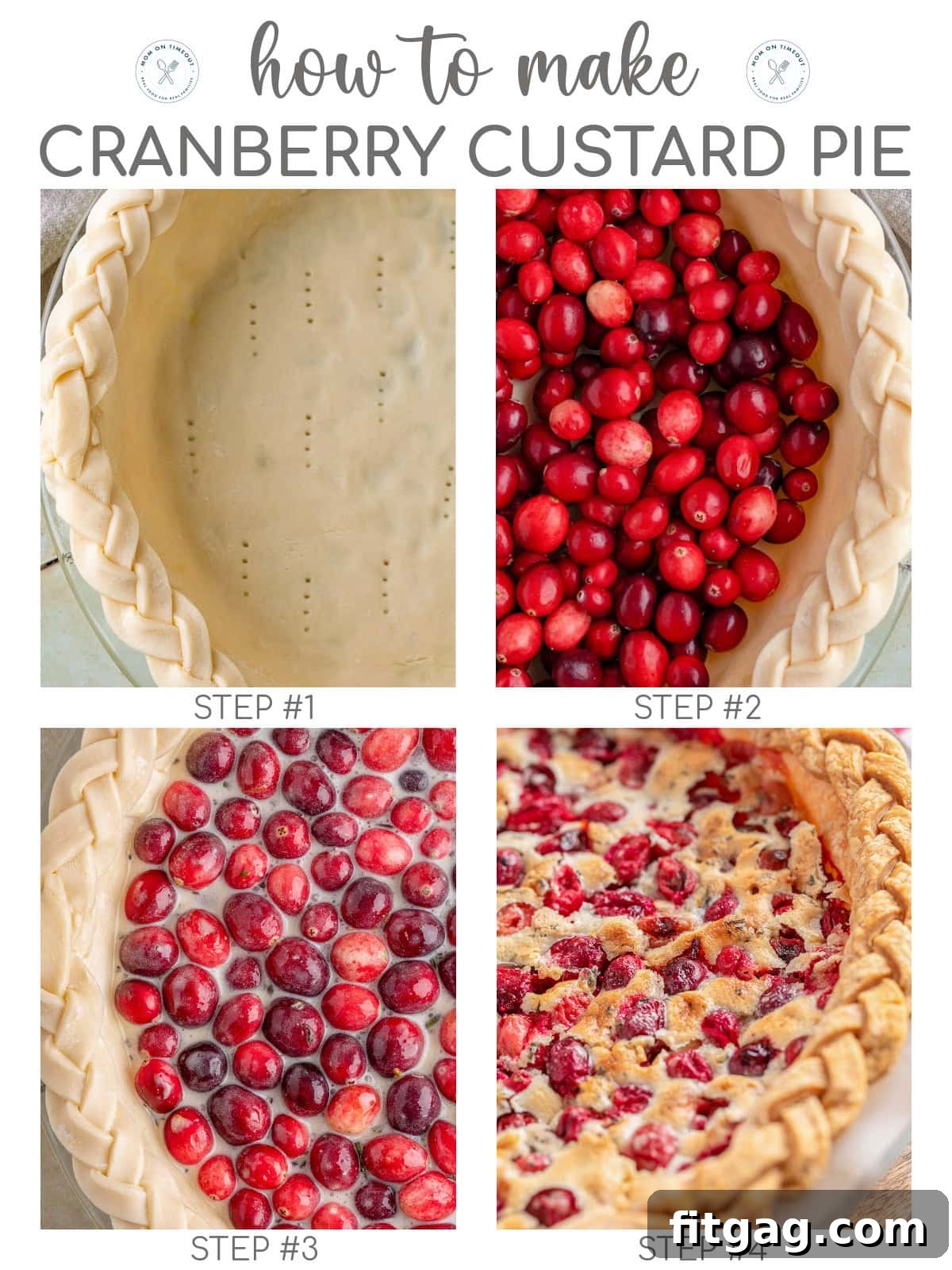 A four-image collage demonstrating the key steps to making Cranberry Custard Pie, from preparing the crust to mixing the filling and adding cranberries.