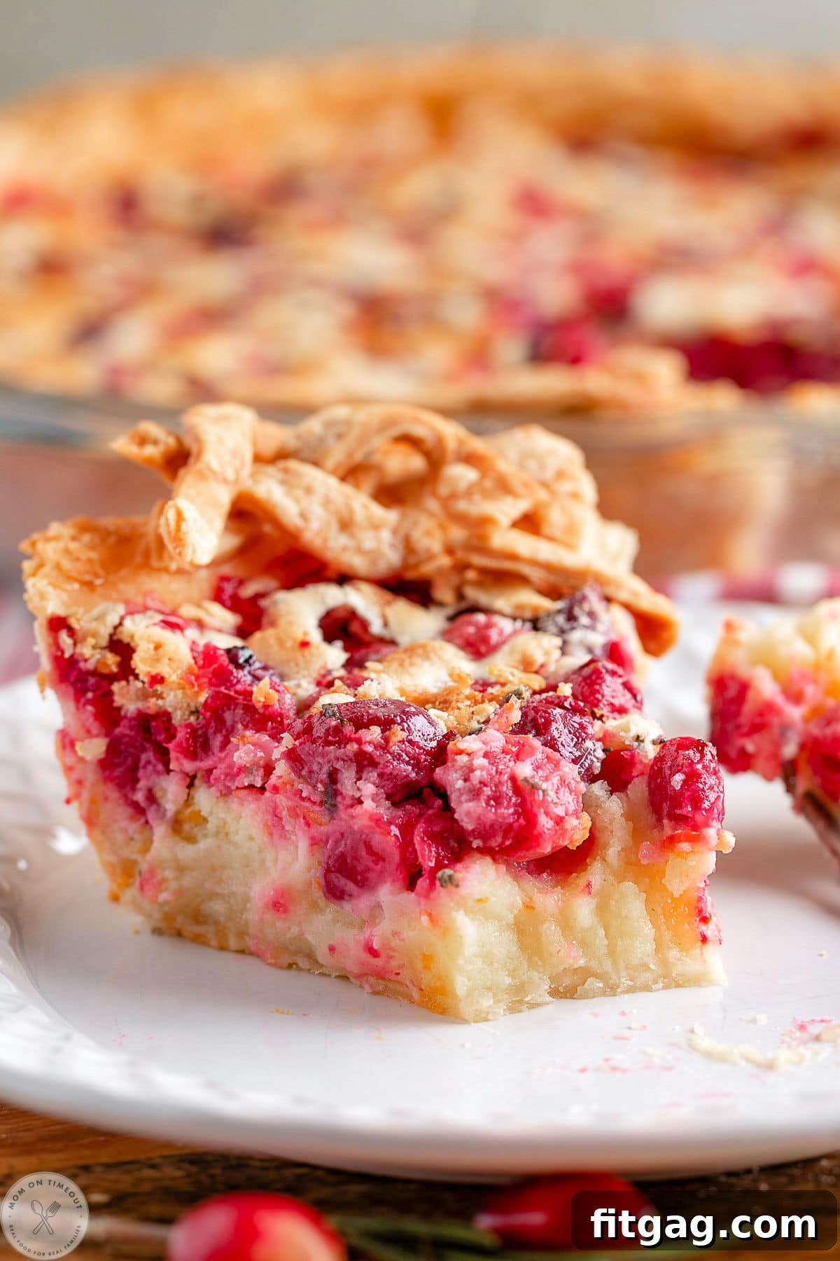 A close-up of a slice of Cranberry Custard Pie on a white plate, with a small bite taken from the end, highlighting its creamy texture and rich cranberry layer.