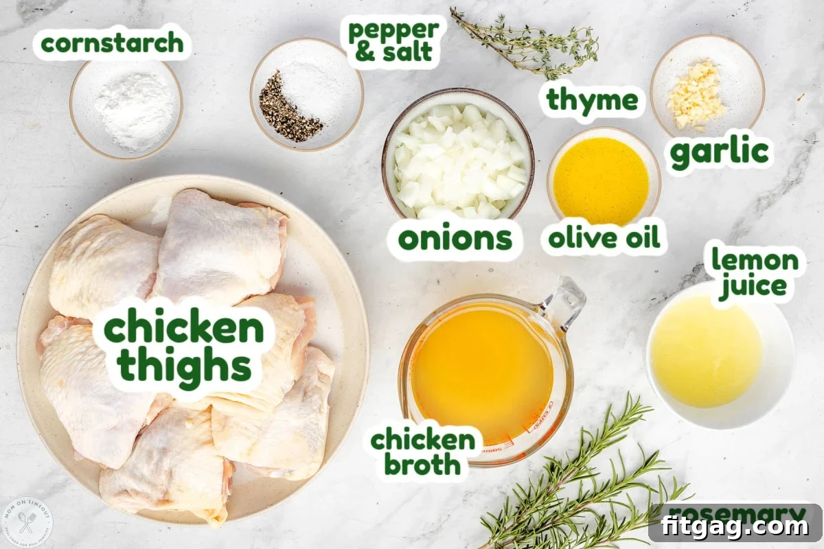 Overhead shot of braised chicken thigh ingredients measured out into small bowls and labeled.