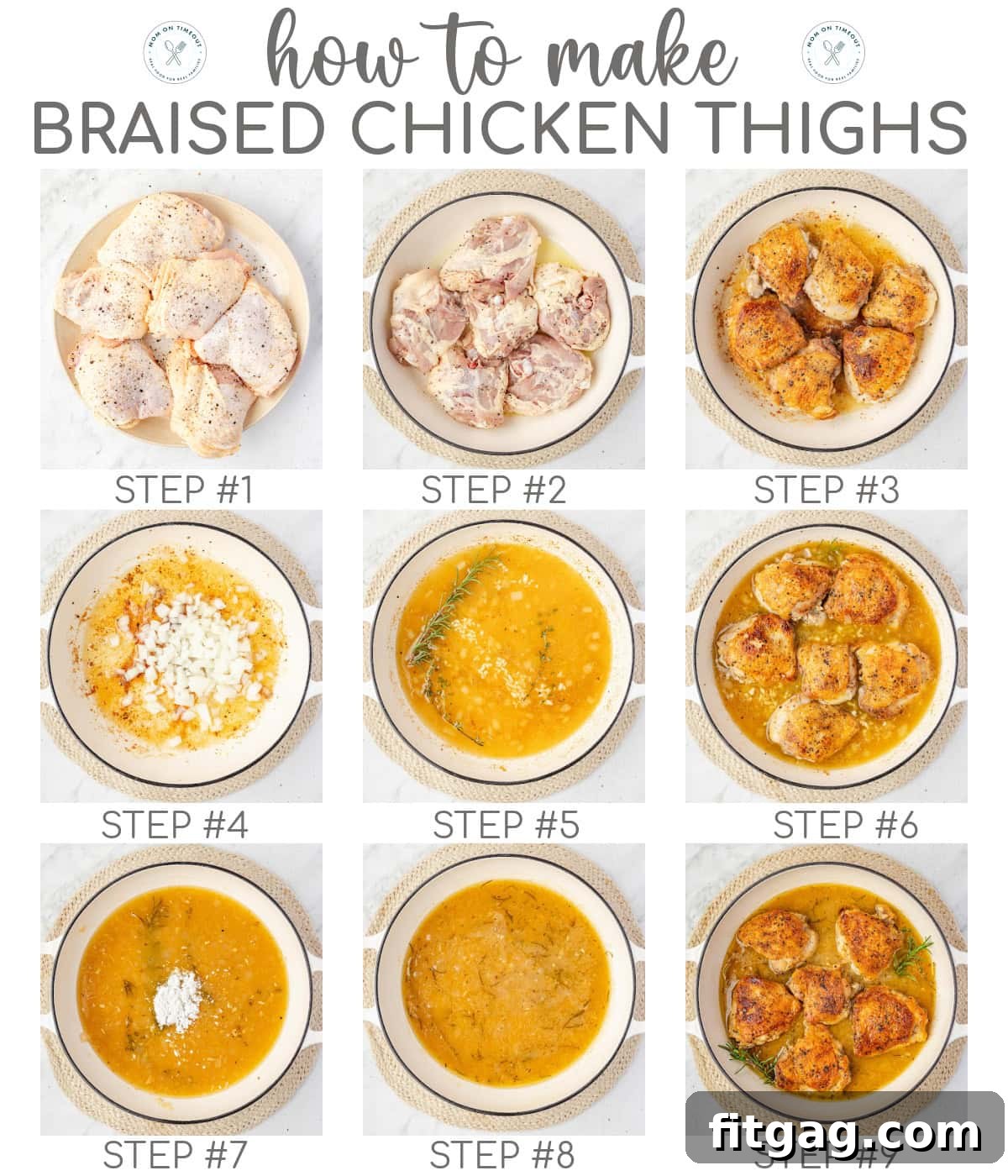 Nine image graphic showing how to make braised chicken thighs step by step with numbered overlays.