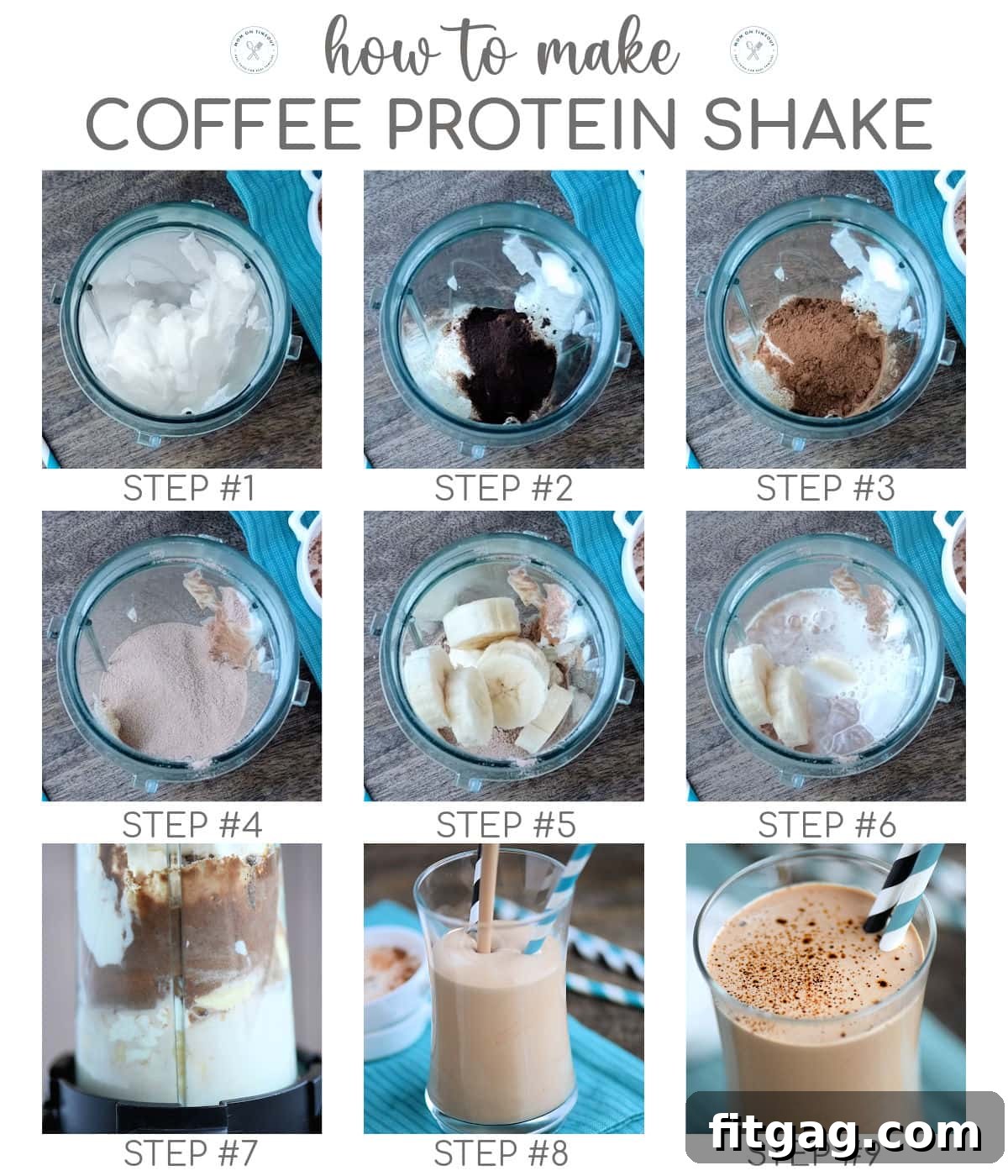 Espresso Power Shake 4 nine image collage showing step by step how to make coffee protein shake recipe.