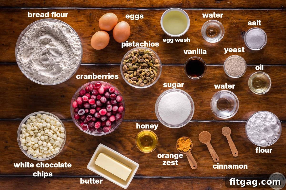 Flat lay shot of cranberry pistachio babka recipe ingredients in bowls and labeled.