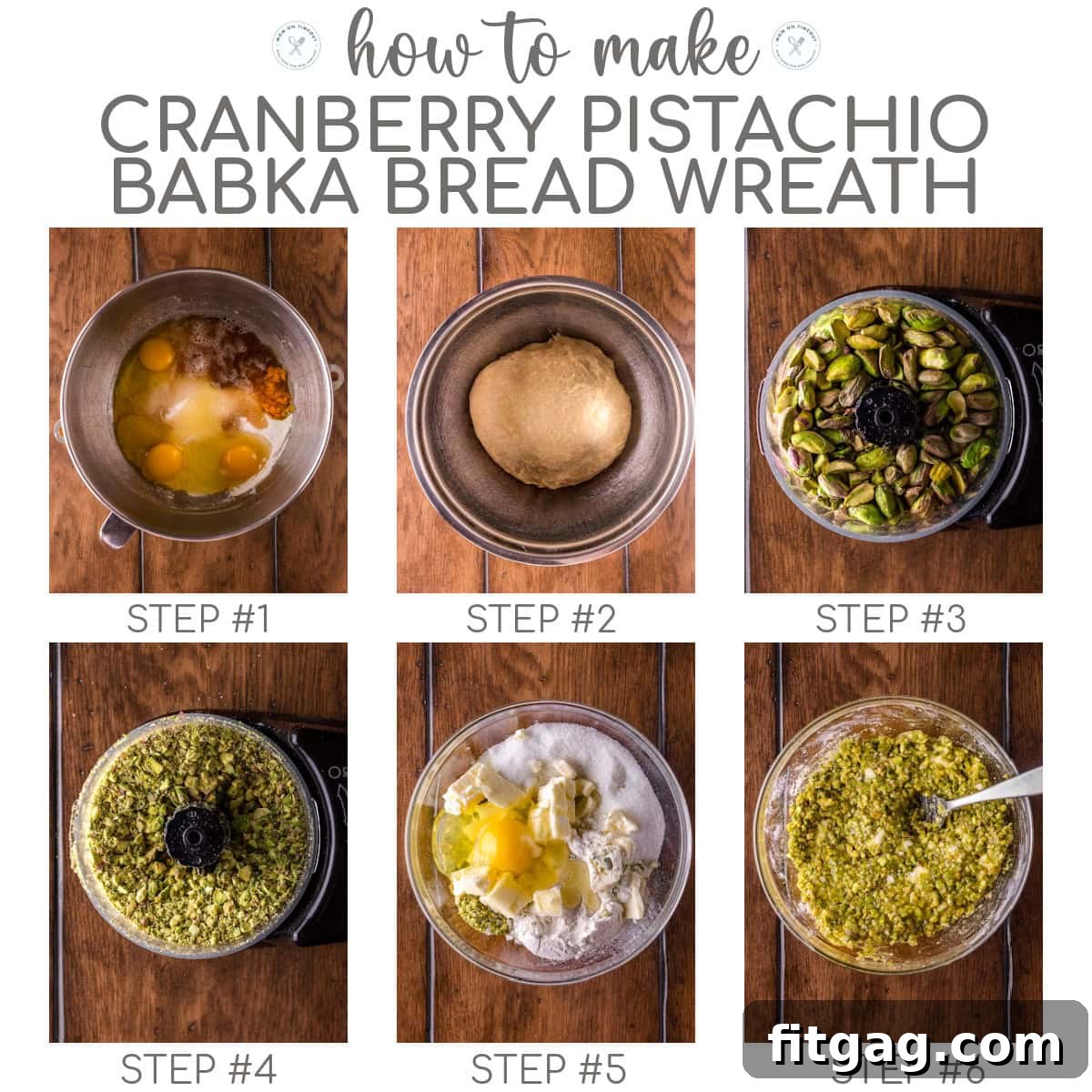 Six image collage showing how to make cranberry pistachio babka bread wreath. Text overlay at top of image. 