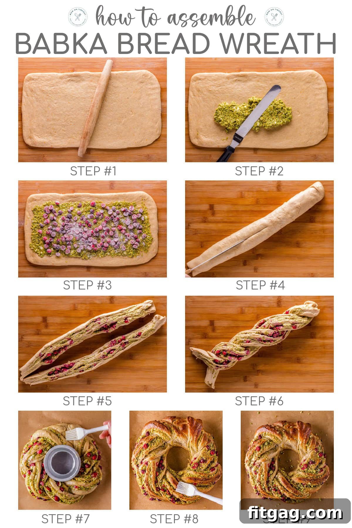 Nine image collage showing how to shape and assemble babka bread recipe into a wreath and bake. Text overlay at the top of the image. 