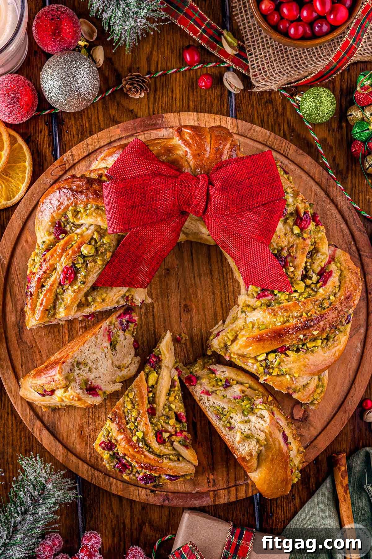 Whole babka wreath with three pieces cut out of the wreath.