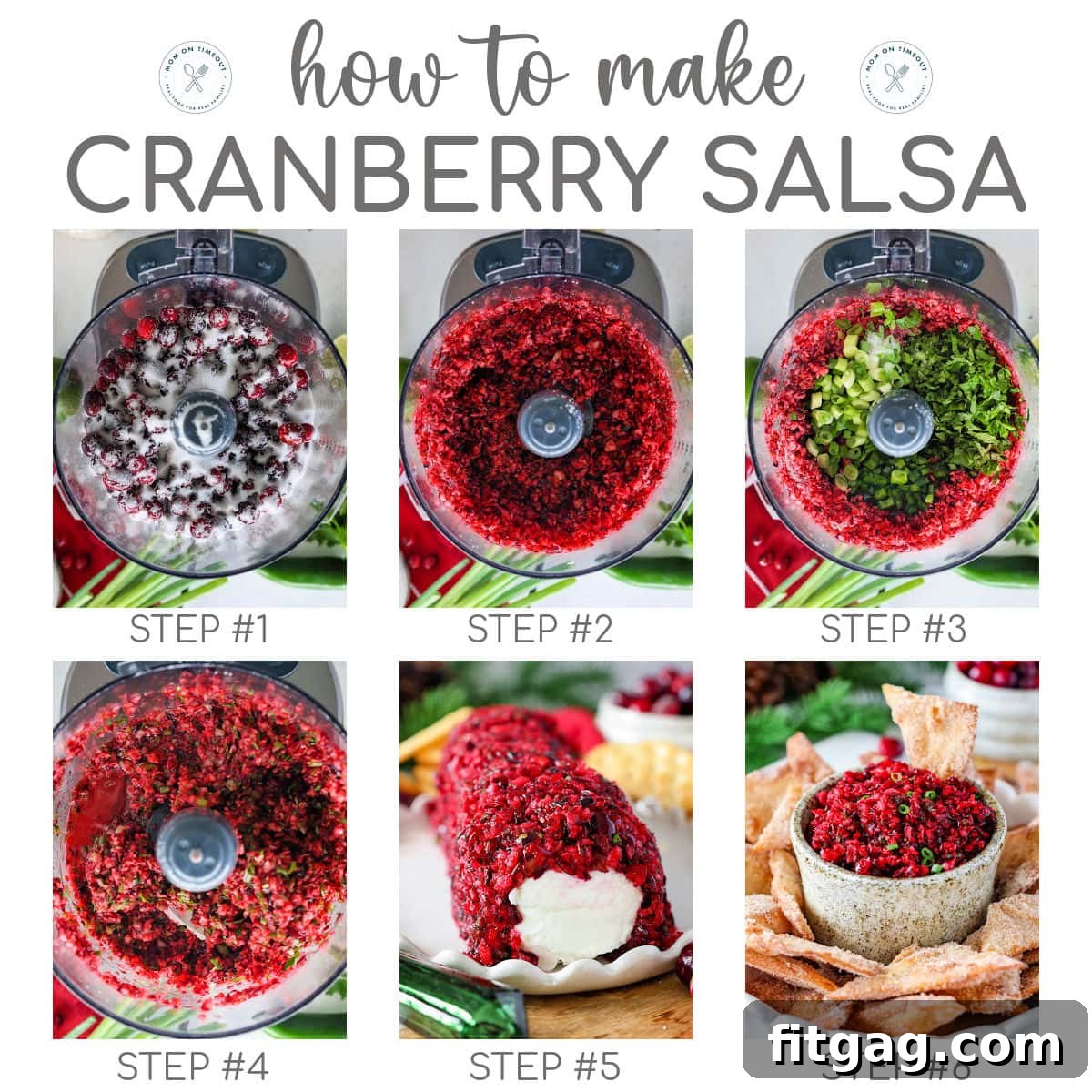 Six image graphic showing how to make cranberry salsa recipe step by step. Text overlay at top of image.
