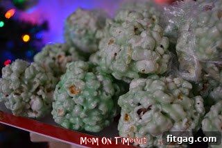 Close-up of a festive red popcorn ball.