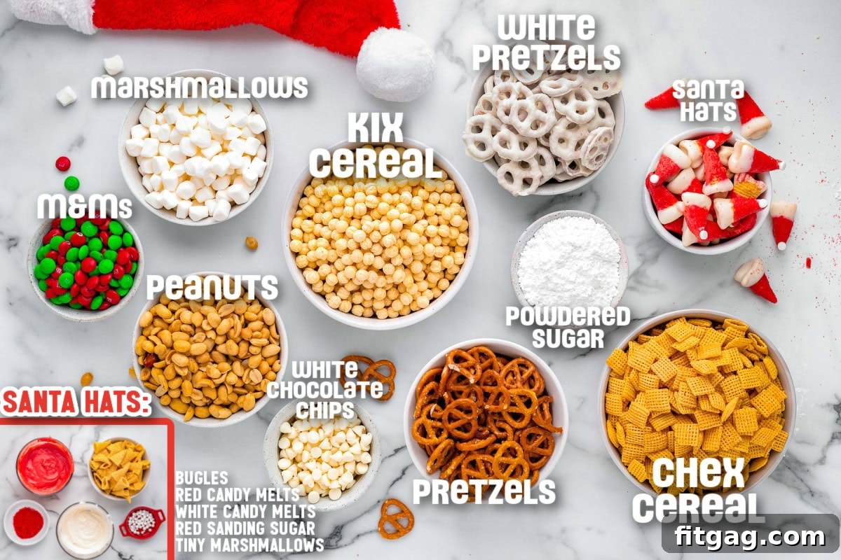 Overhead shot of ingredients used in santa's snack mix. Text labels are shown for each ingredient measured out into small bowls.