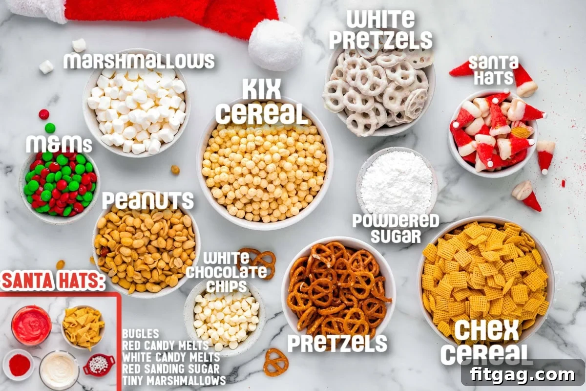 An overhead shot showcasing all the measured ingredients for Santa's snack mix laid out in individual bowls with text labels, including cereals, pretzels, peanuts, marshmallows, and candy components.