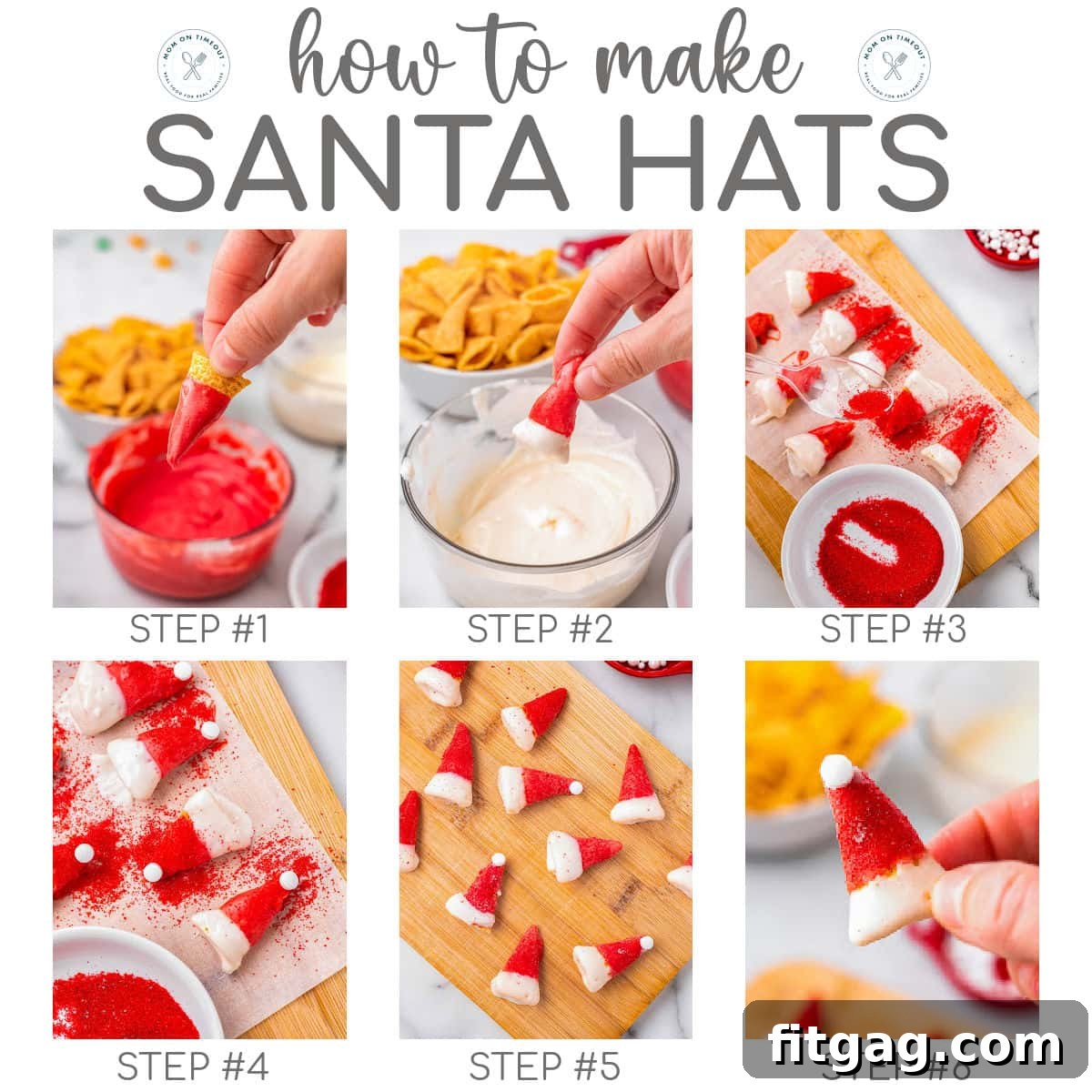 A six-image collage illustrating the step-by-step process of making Bugle-based Santa hats for the snack mix.