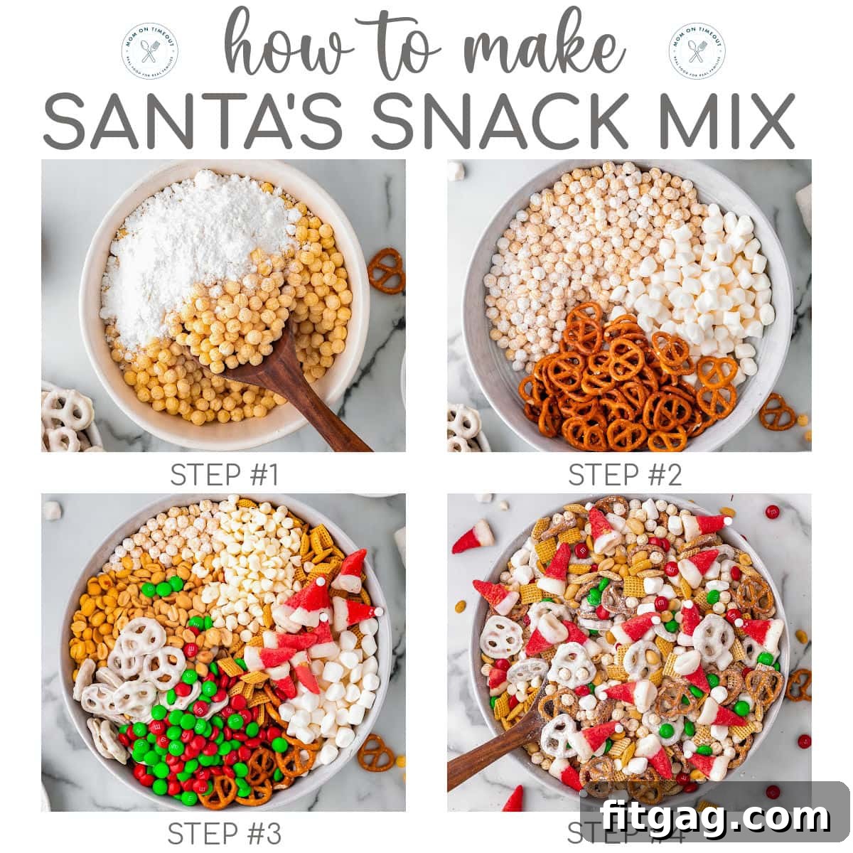 A four-image graphic demonstrating the assembly steps for Santa's Christmas Snack Mix, from combining ingredients to final presentation.