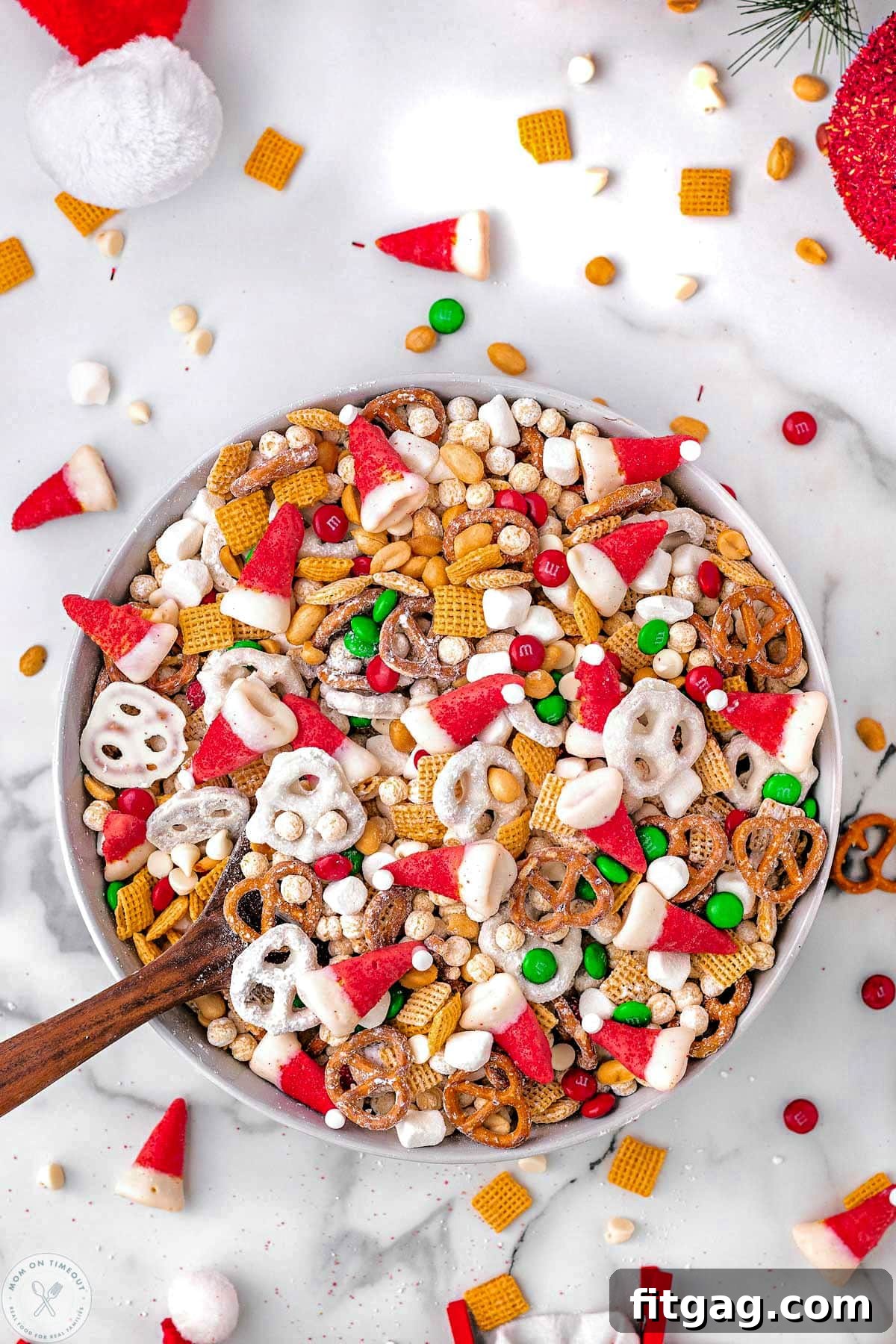 Overheat shot of santas holiday snack mix in large bowl. 