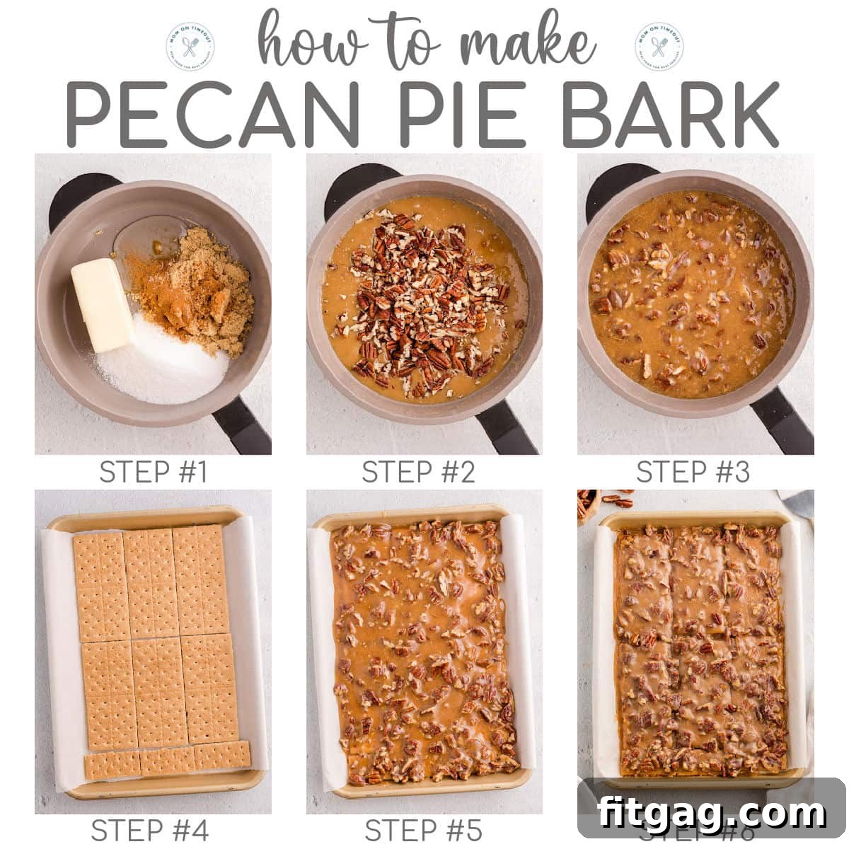 Toasted Pecan Brittle 7 Six image collage showing the step-by-step process of making pecan pie bark, from ingredients to finished product.