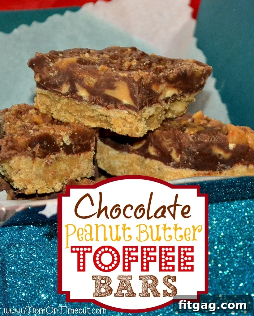 Close-up view of stacked Chocolate Peanut Butter Toffee Bars, showcasing the layered textures of the golden crust, smooth chocolate, and crunchy toffee bits.