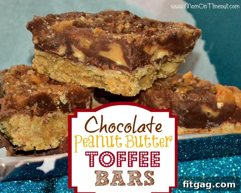 Perfectly cut Chocolate Peanut Butter Toffee Bars presented on a plate, ready to be enjoyed.