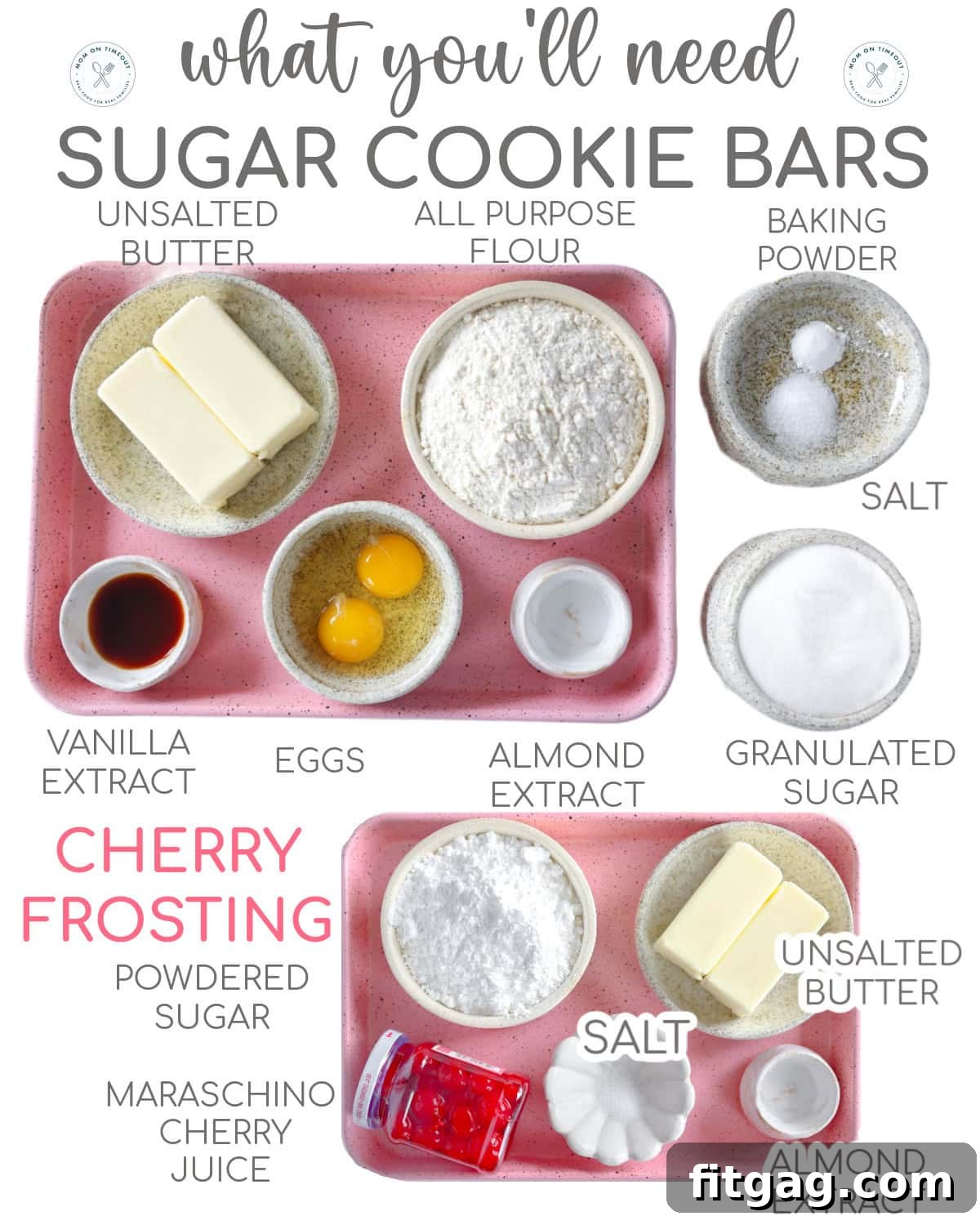 Love-Struck Sugar Cookie Squares 5 ingredients for sugar cookie bars laid out and labeled for both the bars and the frosting.