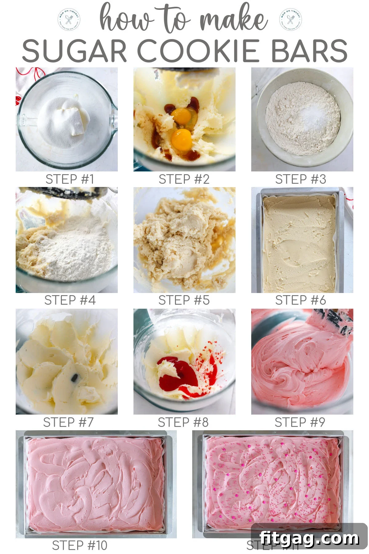 Sweetheart Sugar Cookie Bars 6 An eleven-image collage demonstrating the step-by-step process of making sugar cookie bars with pink cherry frosting, featuring text overlay at the top guiding the baker.