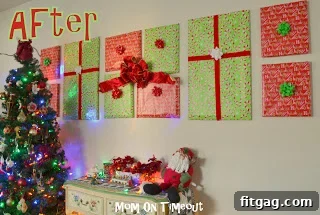 Close up of wrapped frame with festive paper