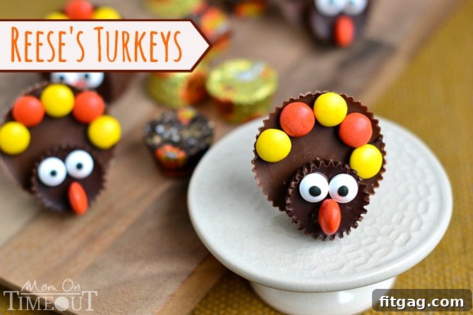 Reese's Turkeys Up Close Close-up of adorable Reese's Turkeys with candy eyes and Reese's Pieces feathers, perfect for a Thanksgiving dessert table. | MomOnTimeout.com