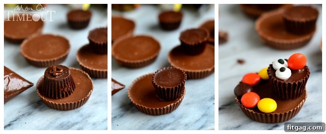 Reese's Turkey Assembly Assembling Reese's Turkeys, showing the process of attaching candy eyes and Reese's Pieces with melted chocolate. | MomOnTimeout.com