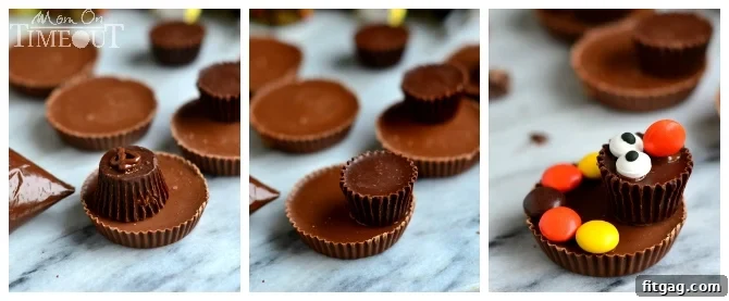 Ingredients for Reese's Turkeys laid out: Reese's Peanut Butter Cups, Reese's Dark Miniatures, colorful Reese's Pieces, and candy eyes, ready for assembly into a fun Thanksgiving treat.
