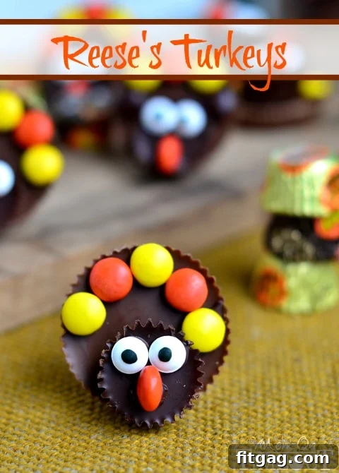 Completed Reese's Turkeys displayed on a platter, ready for Thanksgiving. Each turkey features a Reese's body, dark chocolate head, candy eyes, orange Reese's Piece beak, and colorful Reese's Pieces feathers, perfect for holiday dessert tables.