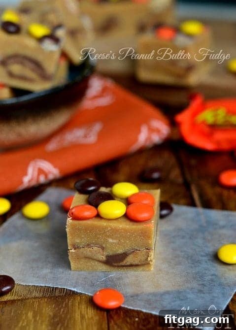 A serving of homemade Reese's Peanut Butter Fudge, generously topped with colorful Reese's Pieces.