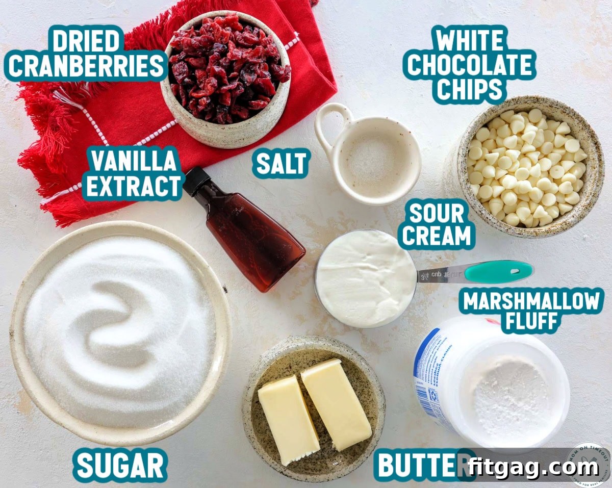 Overhead shot of labeled ingredients for cranberry fudge.