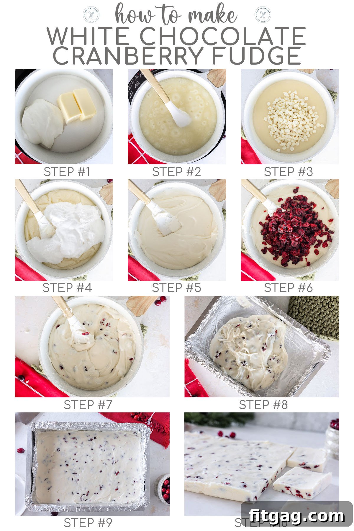Ten image collage showing how to make white chocolate cranberry fudge step by step.