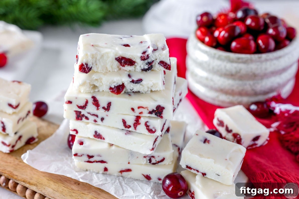 Wide shot of cranberry fudge stacked on marble and wood board. Bowl of cranberries off to the side.
