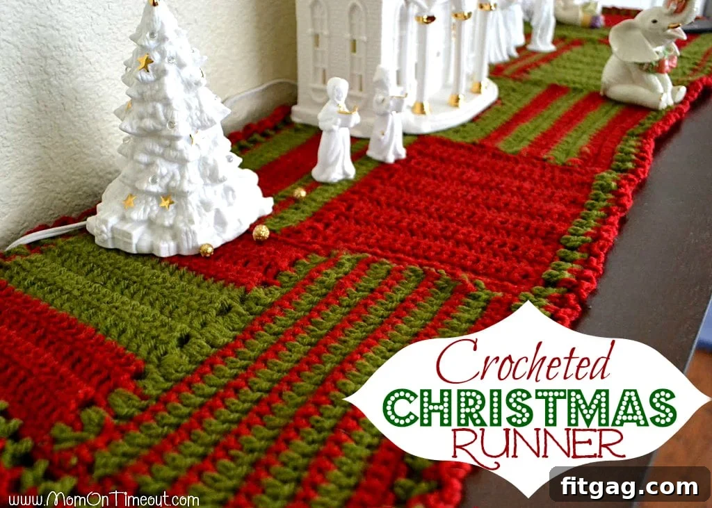 Crocheted Christmas Runner Project Elegant Crocheted Christmas Table Runner featuring festive red and green blocks on a holiday table