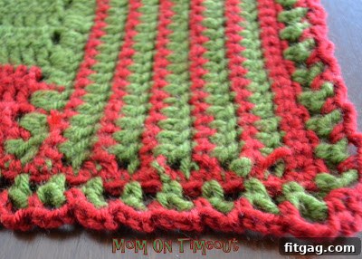 Charming Holiday Crochet Table Runner 6 A segment of the crocheted Christmas table runner, showcasing the textured blocks and border