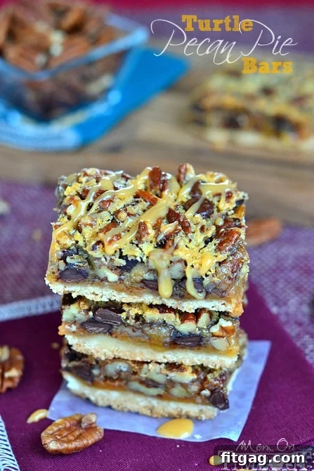 A close-up of a single Turtle Pecan Pie Bar, highlighting the gooey caramel and chocolate layers, ready to be eaten.