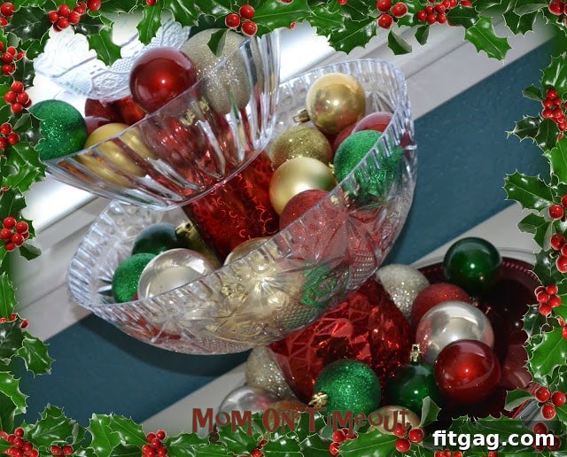 Beautiful, sparkly Christmas decorations arranged on a tiered stand
