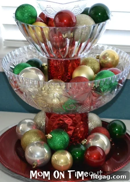 Finished shatterproof Christmas decoration display filled with colorful ornaments