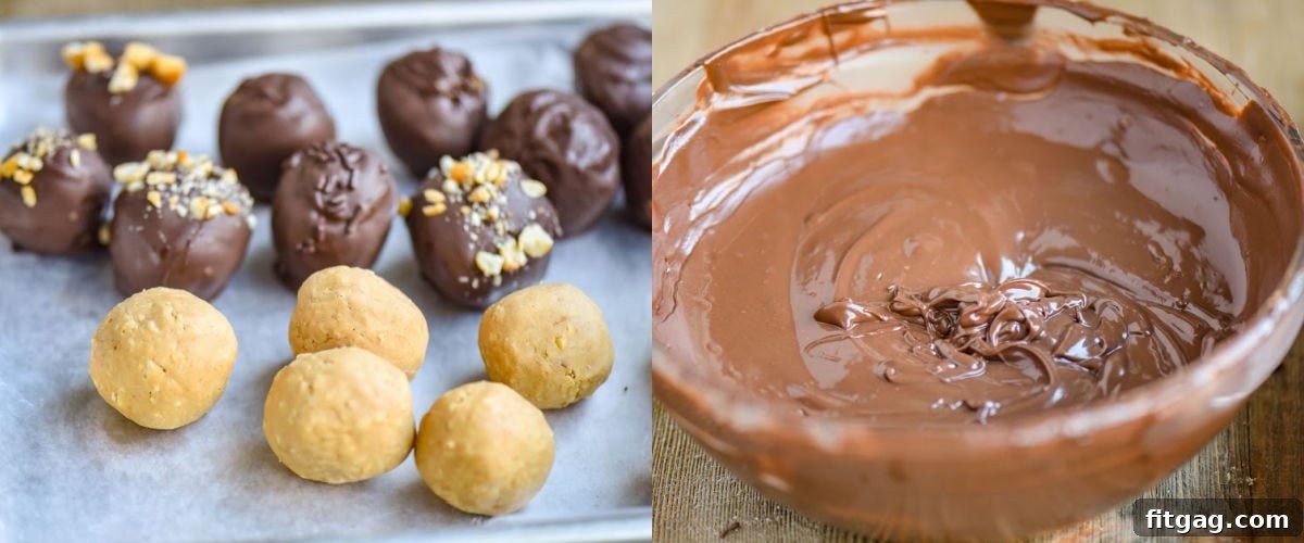 two image collage showing peanut butter balls being dipped in chocolate.