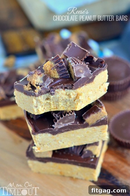 Best No-Bake Reese's Bars A close-up shot of the decadent Reese's Chocolate Peanut Butter Bars, showcasing their delicious layers and toppings.