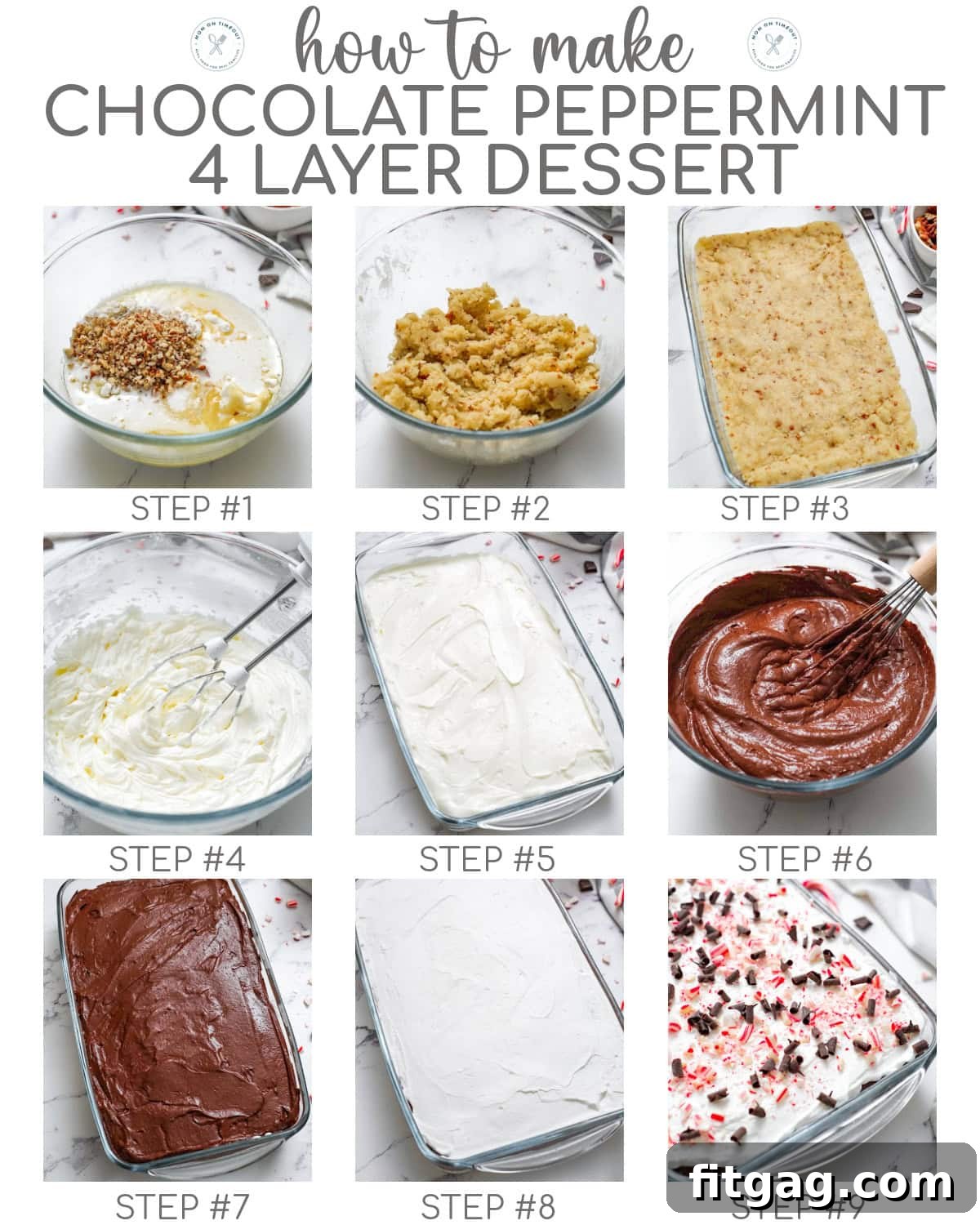 A nine-image collage demonstrating the step-by-step process of making chocolate peppermint layered dessert, with numbered steps for each stage.