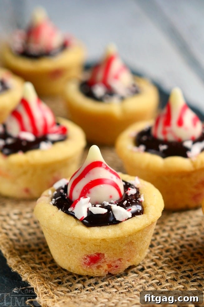 Close-up of Dark Chocolate Peppermint Sugar Cookie Cups showing their luscious ganache filling and colorful peppermint topping, perfect for any holiday dessert spread.