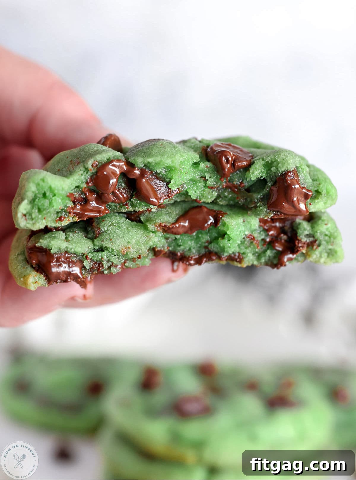 Hand holding mint chocolate chip cookie torn in half showing  melted chocolate chips.