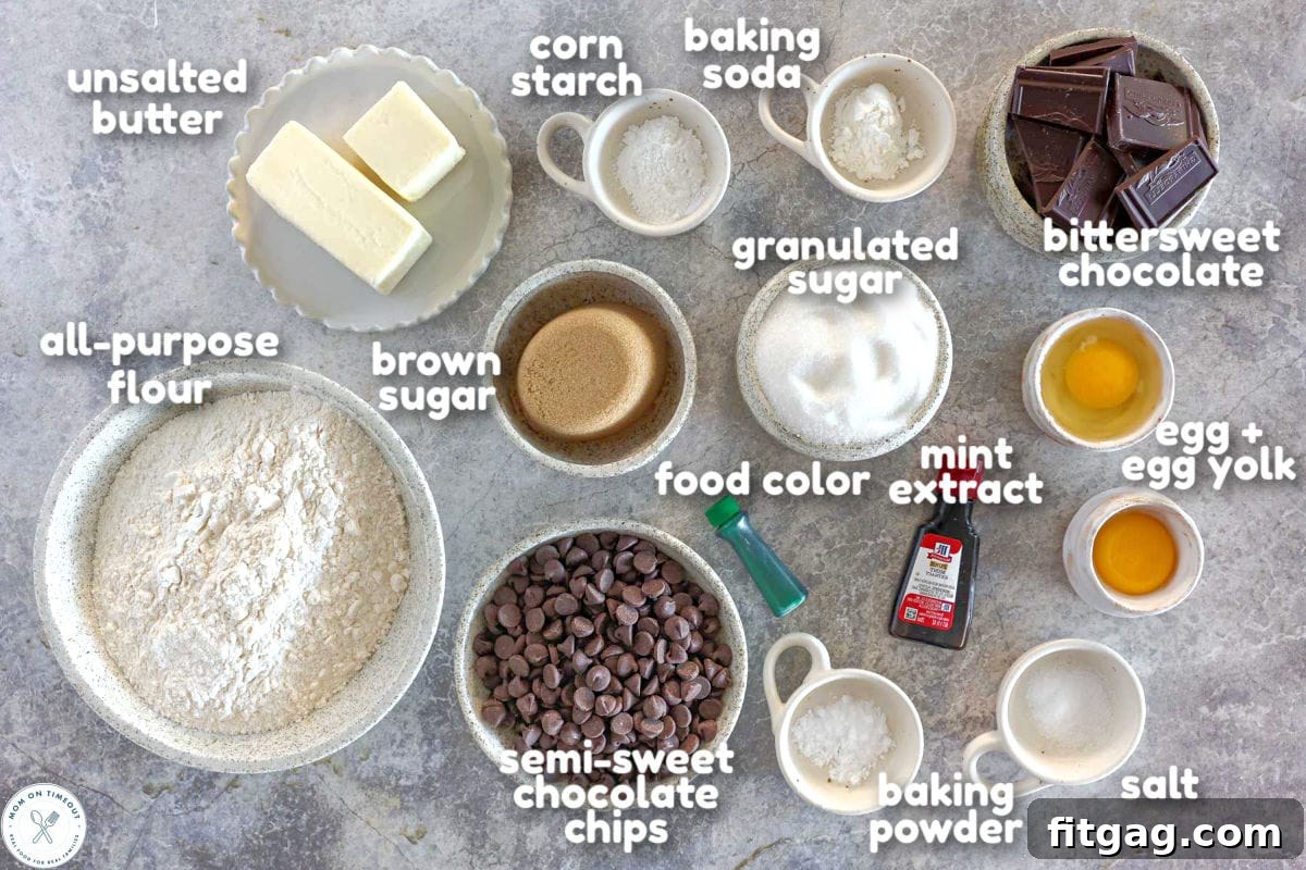 Overhead shot of mint chocolate chip cookies ingredients measured out and labeled.