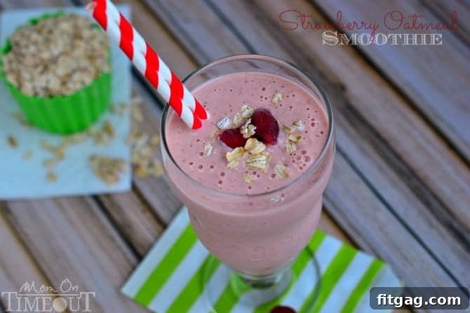 Close-up of a Strawberry Oatmeal Smoothie, highlighting its creamy texture and fresh ingredients.